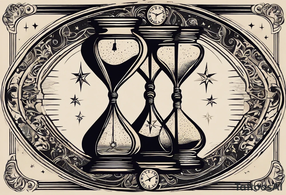 I want a tattoo-inspired design for a t-shirt that features a bold and detailed hourglass with a hand clock in the center, using Amazigh numerals for the clock numbers. The hourglass should have a strong, shaded look, with sharp lines resembling tattoo art. Planets and stars should orbit around the hourglass, giving it a cosmic and timeless feel. The design should be intricate, focusing on the flow of time and the universe, with the planets adding depth and movement. The overall aesthetic should be bold and detailed, in a blackwork tattoo style, without any flowers."black and whit design tattoo idea