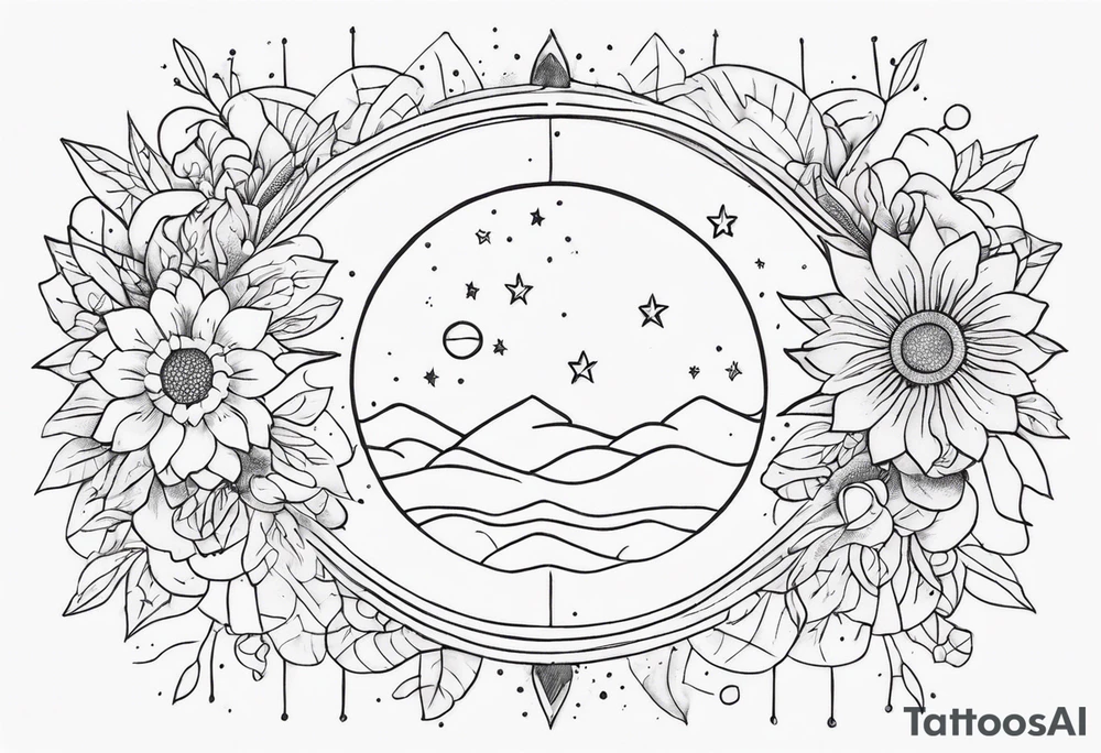 fine line with sun, stars, floral, dots. Sternum tattoo tattoo idea