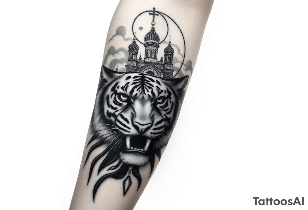 in a dorsal view of the hand and forearm a tiger face on the hand with black hollowed eyes, then above this a orthodox church shrouded with a mist and fading into a virgin mary overlooking tattoo idea