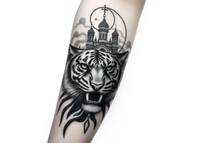 in a dorsal view of the hand and forearm a tiger face on the hand with black hollowed eyes, then above this a orthodox church shrouded with a mist and fading into a virgin mary overlooking tattoo idea
