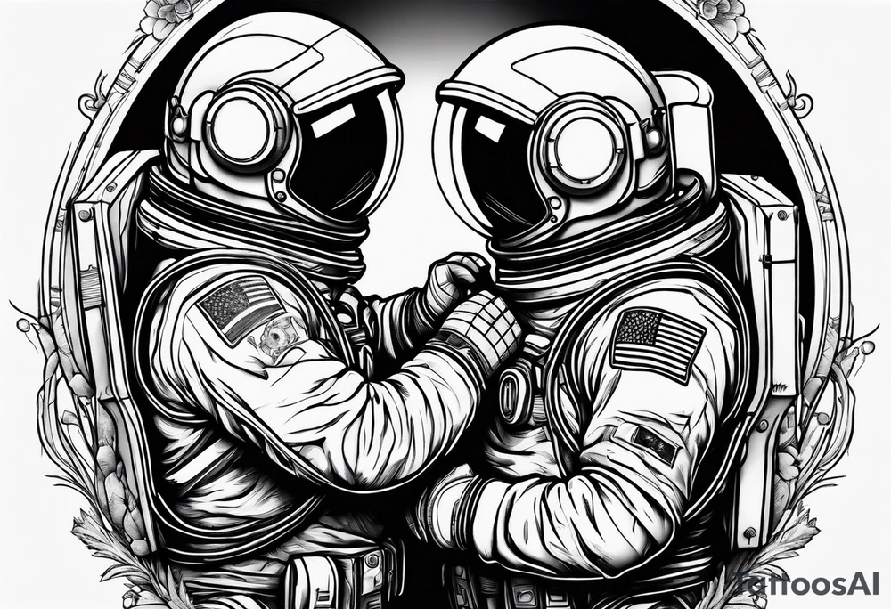 two full body astronauts hugging each other tattoo idea
