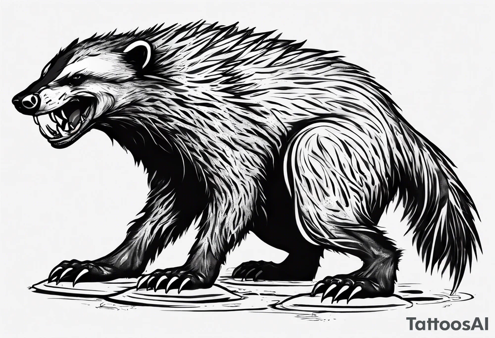 Angry, snarling, detailed full-length honey badger with numerous cuts tattoo idea