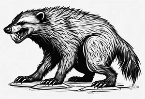 Angry, snarling, detailed full-length honey badger with numerous cuts tattoo idea
