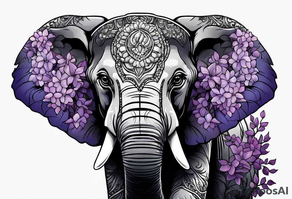 Elephant face covered in lilacs tattoo idea