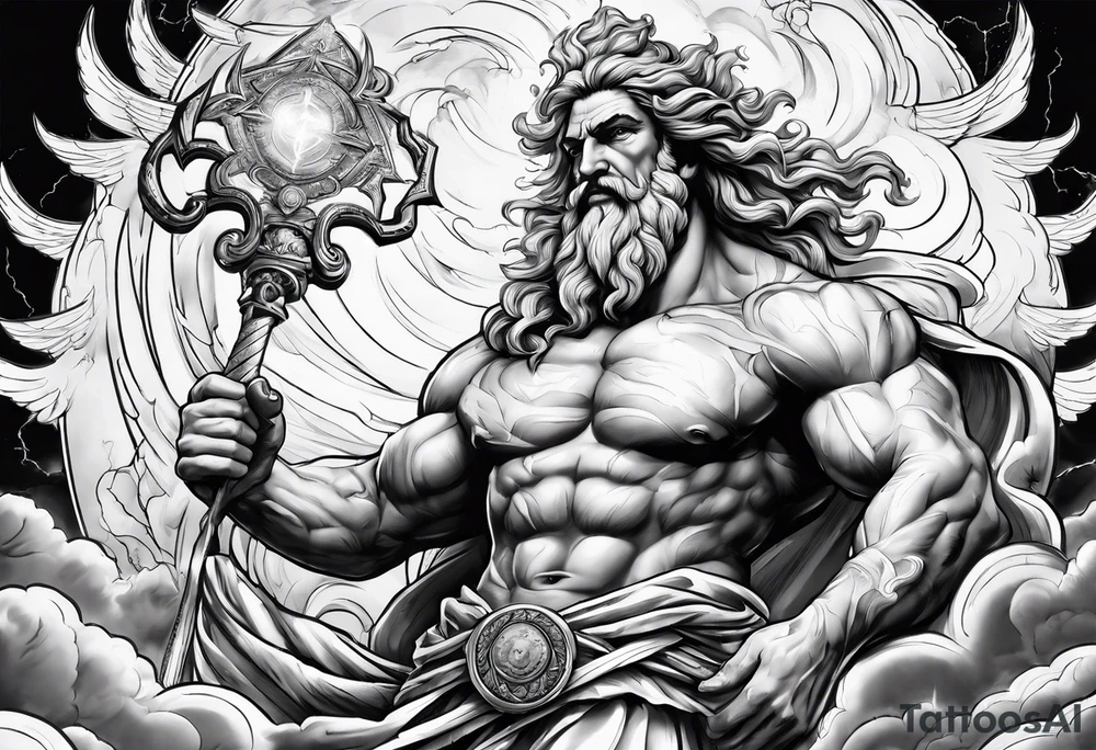 Zeus with Lightning in hands in the clouds tattoo idea
