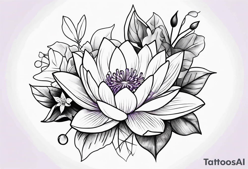 bouquet of violet, water lily, and holly tattoo idea