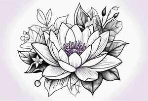 bouquet of violet, water lily, and holly tattoo idea