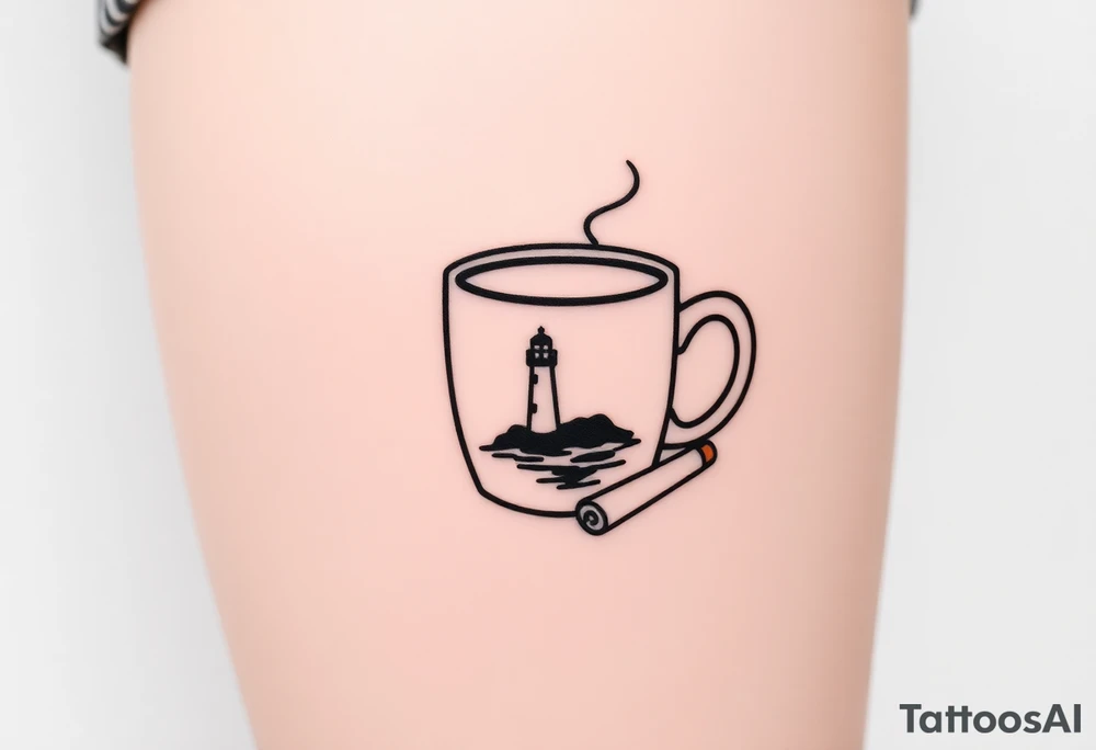 A mug of coffee
 with a picture of a 
 lighthouse on the the mug and a cigarette laying next to it tattoo idea