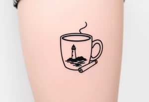 A mug of coffee
 with a picture of a 
 lighthouse on the the mug and a cigarette laying next to it tattoo idea