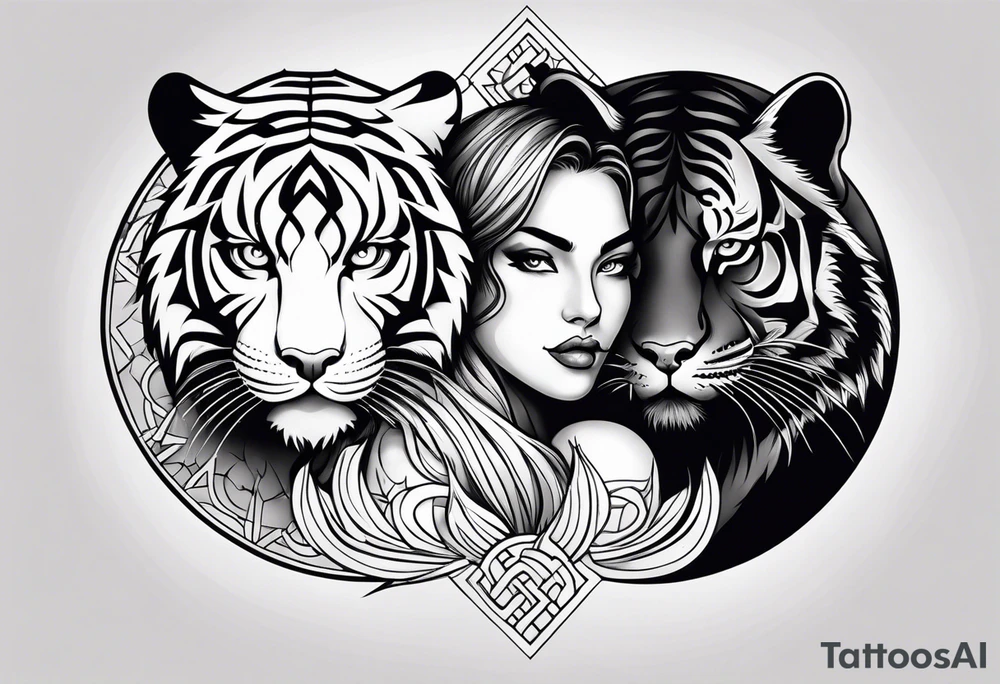 Tiger and panther yin yang, girl looking down at camera, full sleeve tattoo idea