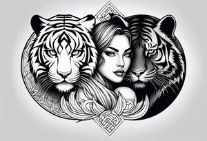 Tiger and panther yin yang, girl looking down at camera, full sleeve tattoo idea