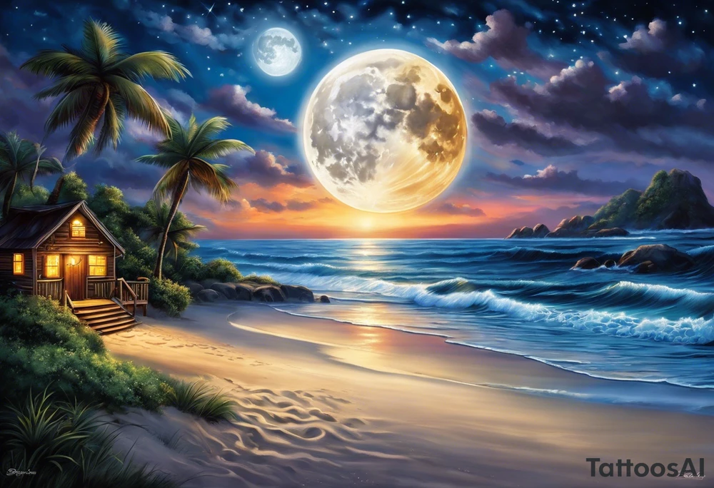 Create a stunning image of a realistic tattoo design that features a husband and wife holding hands, accompanied by their two children, walking along a beautiful beach. The moon shines radiantly in the night sky, illuminating the serene scene. Let your creativity flourish as you envision the intricate details that bring this tattoo to life, encapsulating the essence of love, family, and the awe-inspiring beauty of nature. tattoo idea