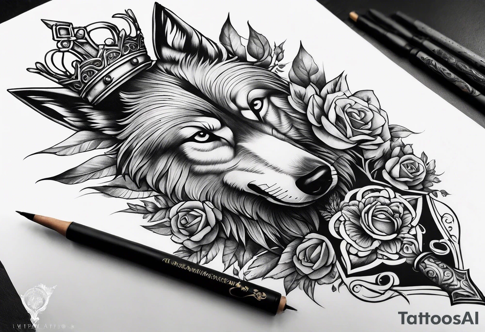 Create a vision of arm tattoo sleeve with combination of sword, crown, tree and three wolves to represent clients family roots tattoo idea