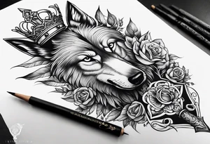 Create a vision of arm tattoo sleeve with combination of sword, crown, tree and three wolves to represent clients family roots tattoo idea