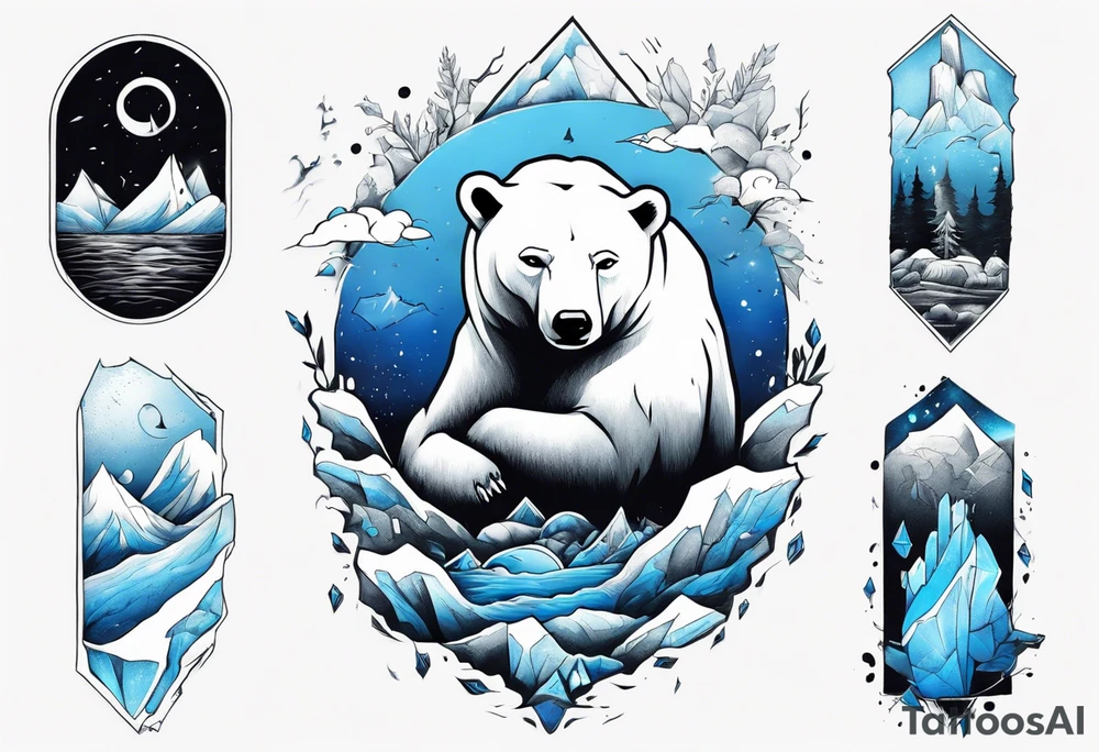 arm tattoo of weather and a little muscular polar bear and ice berg and some nature make colors primary black and white with a little blue tattoo idea