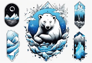 arm tattoo of weather and a little muscular polar bear and ice berg and some nature make colors primary black and white with a little blue tattoo idea