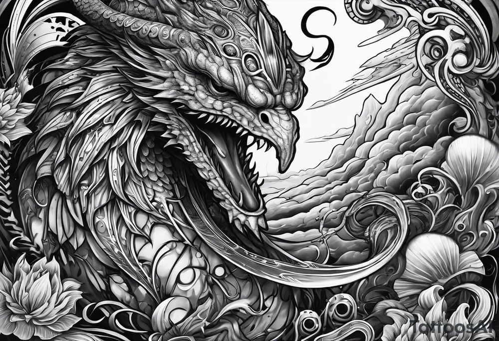 Lovecraftian creature, flowing into more futuristic technology elements. Half sleeve on arm. tattoo idea