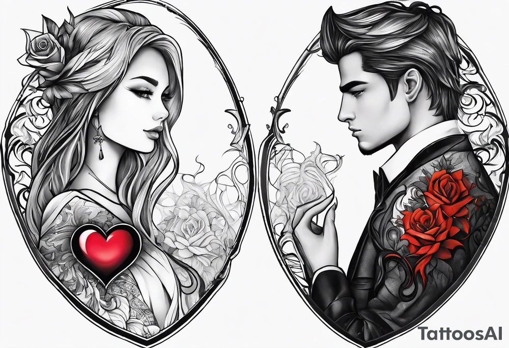 A girl with an empty heart and a guy with a burning heart. They stand back to back tattoo idea