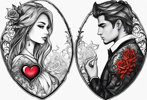 A girl with an empty heart and a guy with a burning heart. They stand back to back tattoo idea