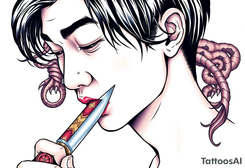 Handsome Asian young guy is licking a ritual knife tattoo idea