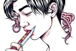 Handsome Asian young guy is licking a ritual knife tattoo idea