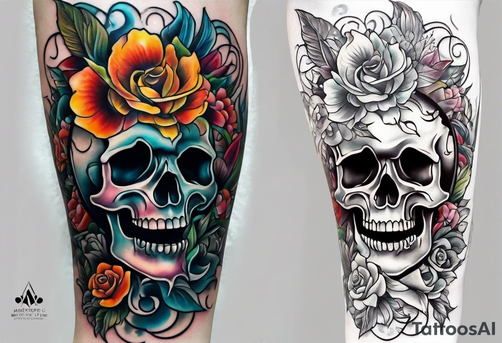 Old school center Knee tattoo with skulls, flowers, water shapes and fall colors tattoo idea