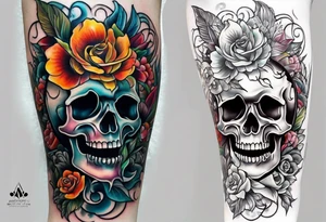 Old school center Knee tattoo with skulls, flowers, water shapes and fall colors tattoo idea
