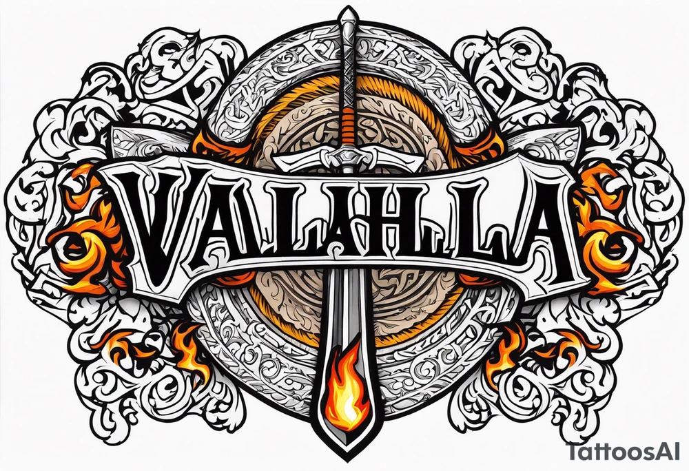 Valhalla on  fire shield sword tattoo idea