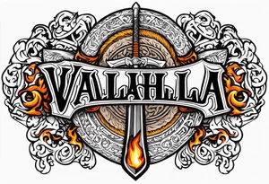 Valhalla on  fire shield sword tattoo idea