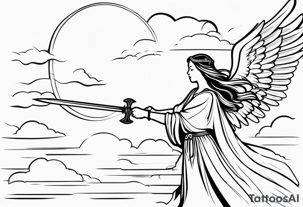 female angel with sword flying in the sky tattoo idea