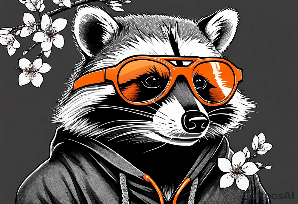Raccoon wearing a white Superman logo on a black hoodie and orange Japanese cherry blossoms tattoo idea
