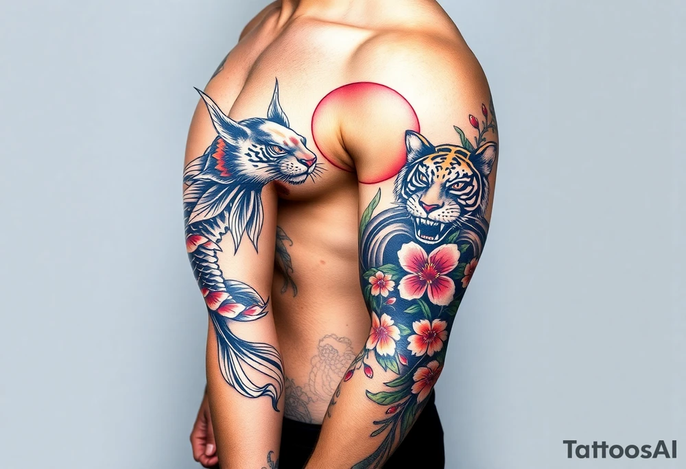 Full arm sleeve, one koi fish, one tiger, the sun, cherry blossom filler, beautiful tattoo idea