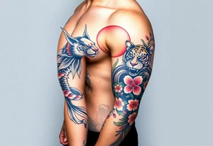 Full arm sleeve, one koi fish, one tiger, the sun, cherry blossom filler, beautiful tattoo idea