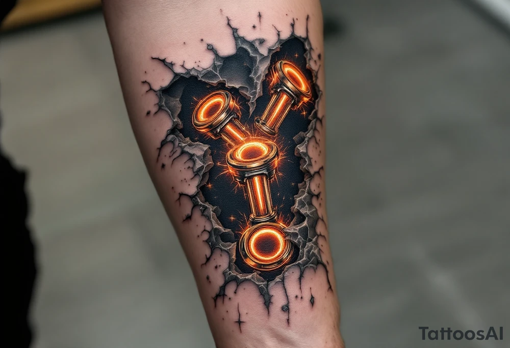 A ripped-skin illusion showing carbon fiber muscles and glowing orange pistons in motion. tattoo idea