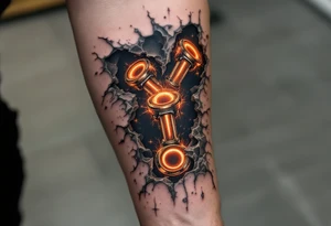 A ripped-skin illusion showing carbon fiber muscles and glowing orange pistons in motion. tattoo idea