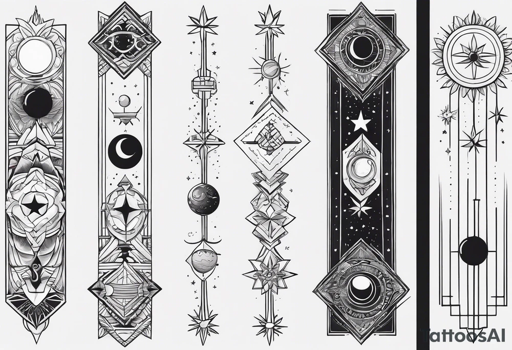 Long narrow line spine tattoo. Includes moon, stars and ancient symbols. Minimal design. Less cartoon tattoo idea