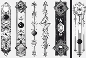 Long narrow line spine tattoo. Includes moon, stars and ancient symbols. Minimal design. Less cartoon tattoo idea