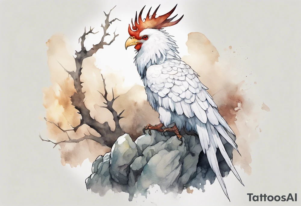 a white Cockatrice wearing a plain iron crown, perched on a stone tattoo idea