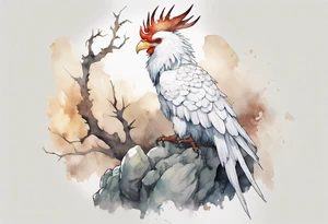 a white Cockatrice wearing a plain iron crown, perched on a stone tattoo idea