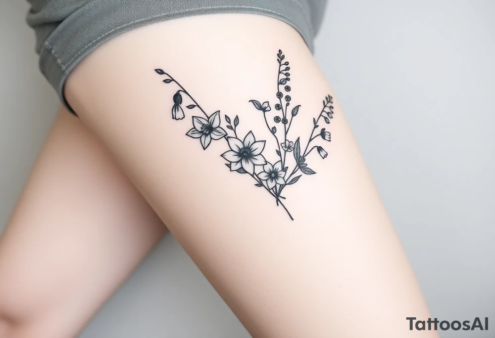 Simple small design in black bunch of flowers 1 lily of the valley 1 daffodil 1 holly 1 larkspur tattoo idea