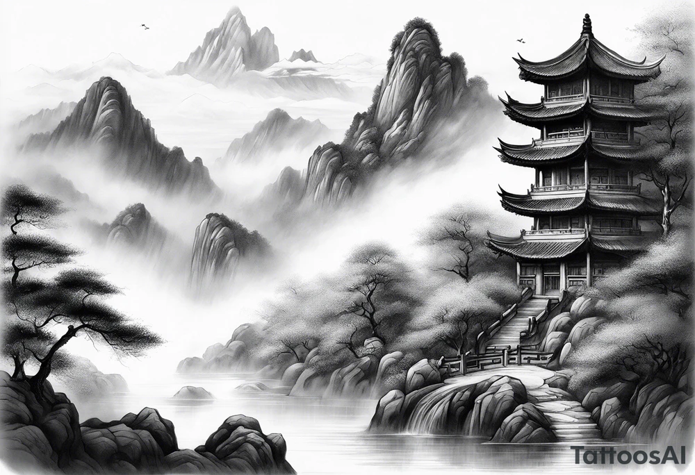 forearm sleeve traditional chinese art painting style autumn mountains mist fog water Chinese temple female with pony tail wearing robes seated meditating far off in the distance tattoo idea