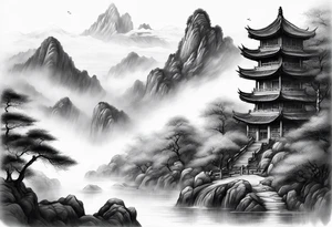 forearm sleeve traditional chinese art painting style autumn mountains mist fog water Chinese temple female with pony tail wearing robes seated meditating far off in the distance tattoo idea