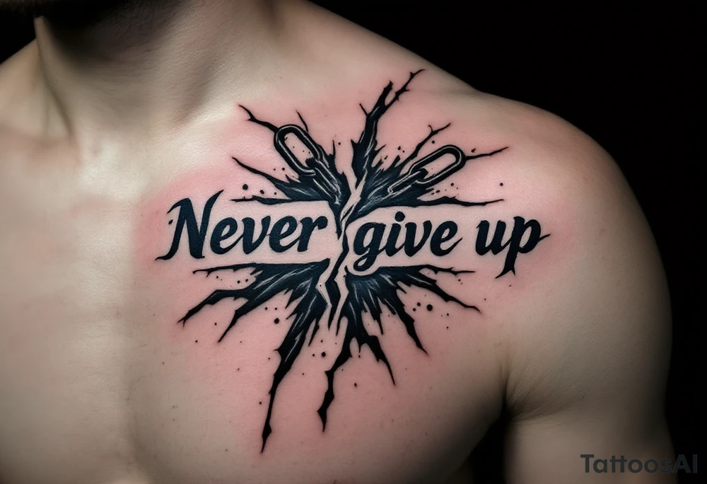 A cracked chain breaking across the phrase "never give up", done in dark gray and iron blue. tattoo idea