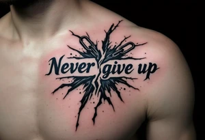 A cracked chain breaking across the phrase "never give up", done in dark gray and iron blue. tattoo idea