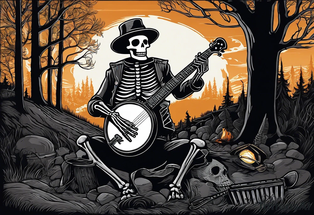 Foreground: The skeleton in a coal miner's hat, animatedly playing the banjo. The light from the campfire illuminates the skeleton and the nearby surroundings, casting intricate shadows.
Midground: The glowing campfire, with flames realistically designed in black and grey shades to emphasize movement and light.
Background: Subtle outlines and shading of rhododendron plants, giving a natural and dense feel to the woods. These can be stylized to blend seamlessly with the style of the tattoo.
Sky: A night sky speckled with stars, adding depth and a sense of time to the scene, with the stars providing a contrast against the dark sky. tattoo idea