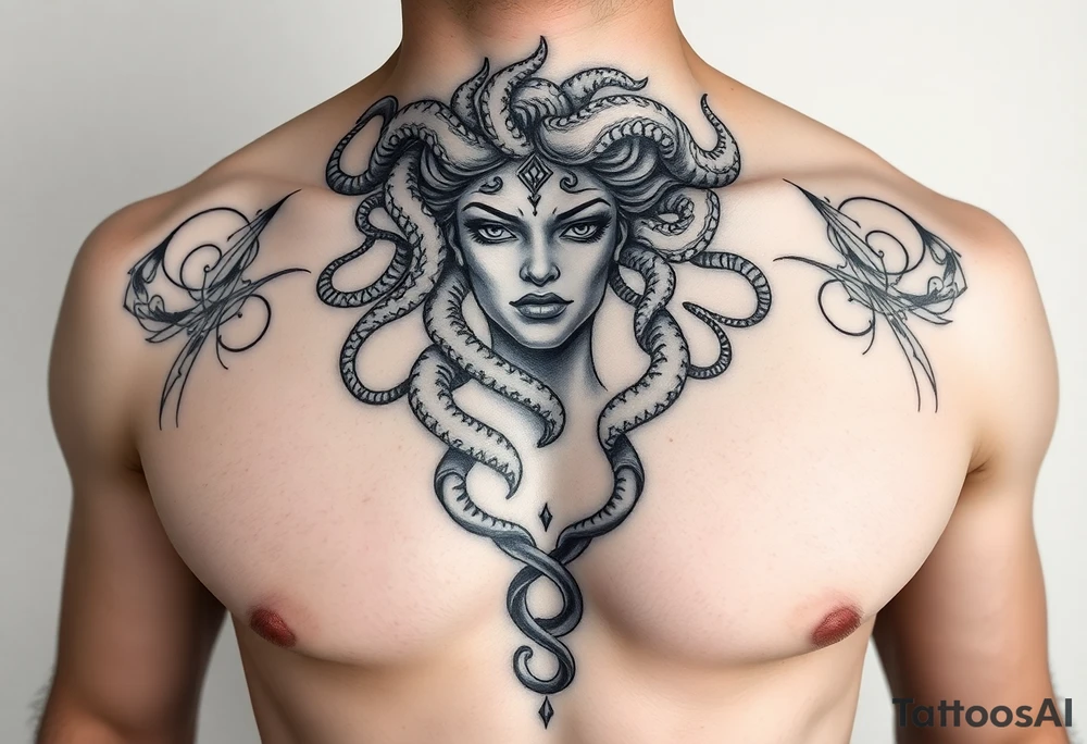 A Beautiful soft feminine sexy Medusa chest peice Black and white with shading tattoo idea