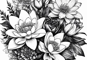 Larkspur and water lily bouquet with stems tied with ribbon tattoo idea