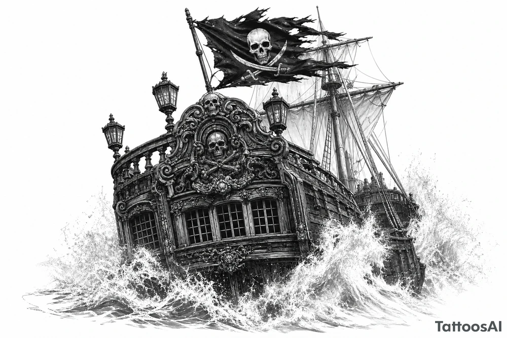 Detailed pirate ship stern, waves crashing over deck, tattered Jolly Roger flag. tattoo idea