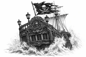 Detailed pirate ship stern, waves crashing over deck, tattered Jolly Roger flag. tattoo idea