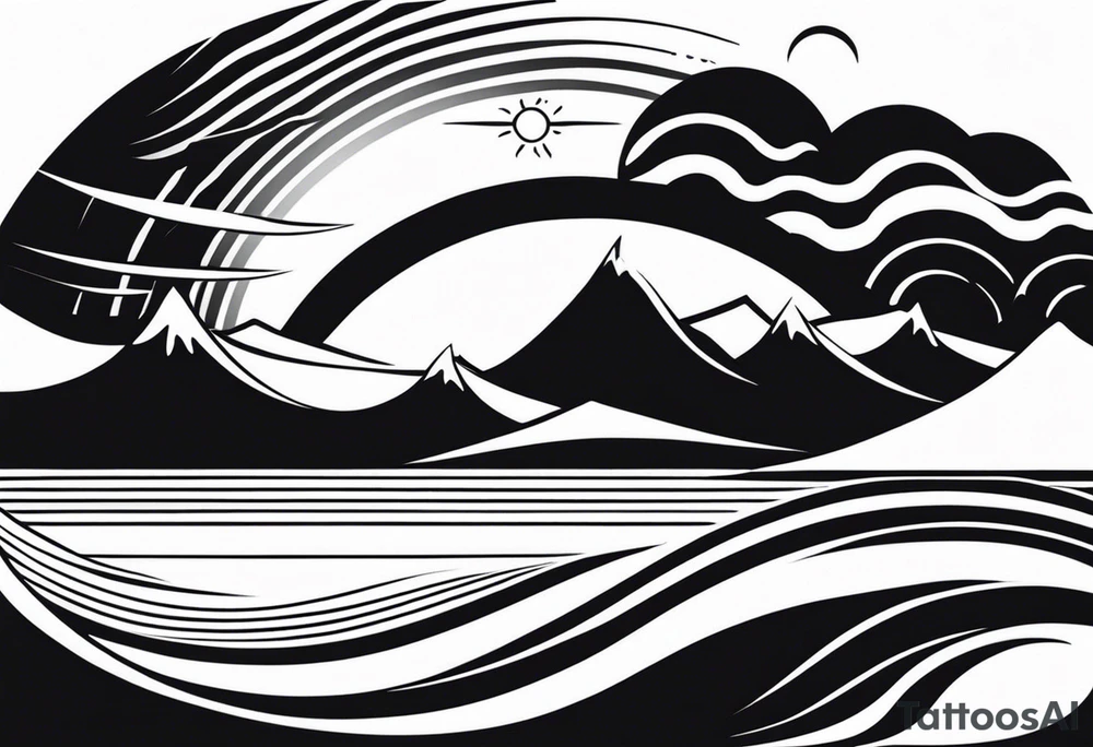 Hawaian beach with a big sun and many small waves, only black and white. The shape should BE a surfvoard tattoo idea